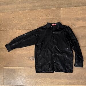 Black Sequin HAND SEWN button down shirt - Size M 15.5" neck - Sequinporium
